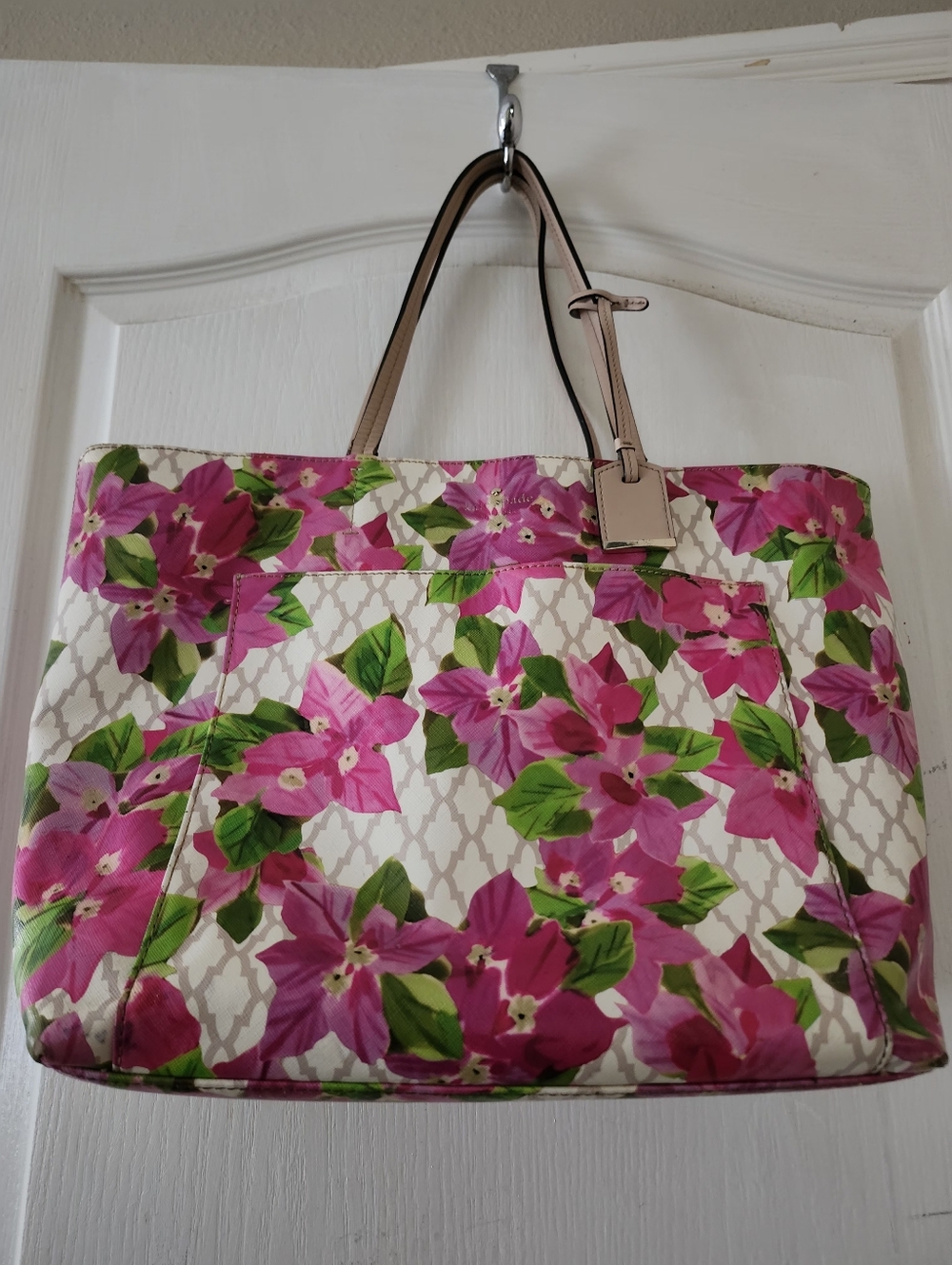 Kate Spade Floral Pink Tote Bag with Neutral Handles.